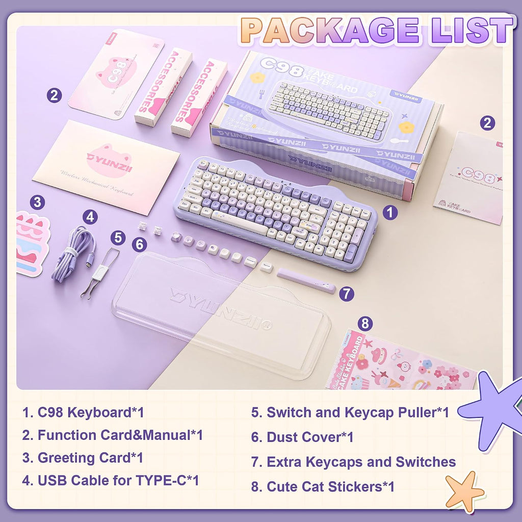 C98 Wireless Mechanical Keyboard with Number Pad,99 Key BT5.0/2.4G/USB-C Hot Swap Gasket Mount with PBT MOA Keycaps,Custom Rgb,Cute Cake Keyboard for Win/Mac (Purple, Milk V2 Linear Switch)