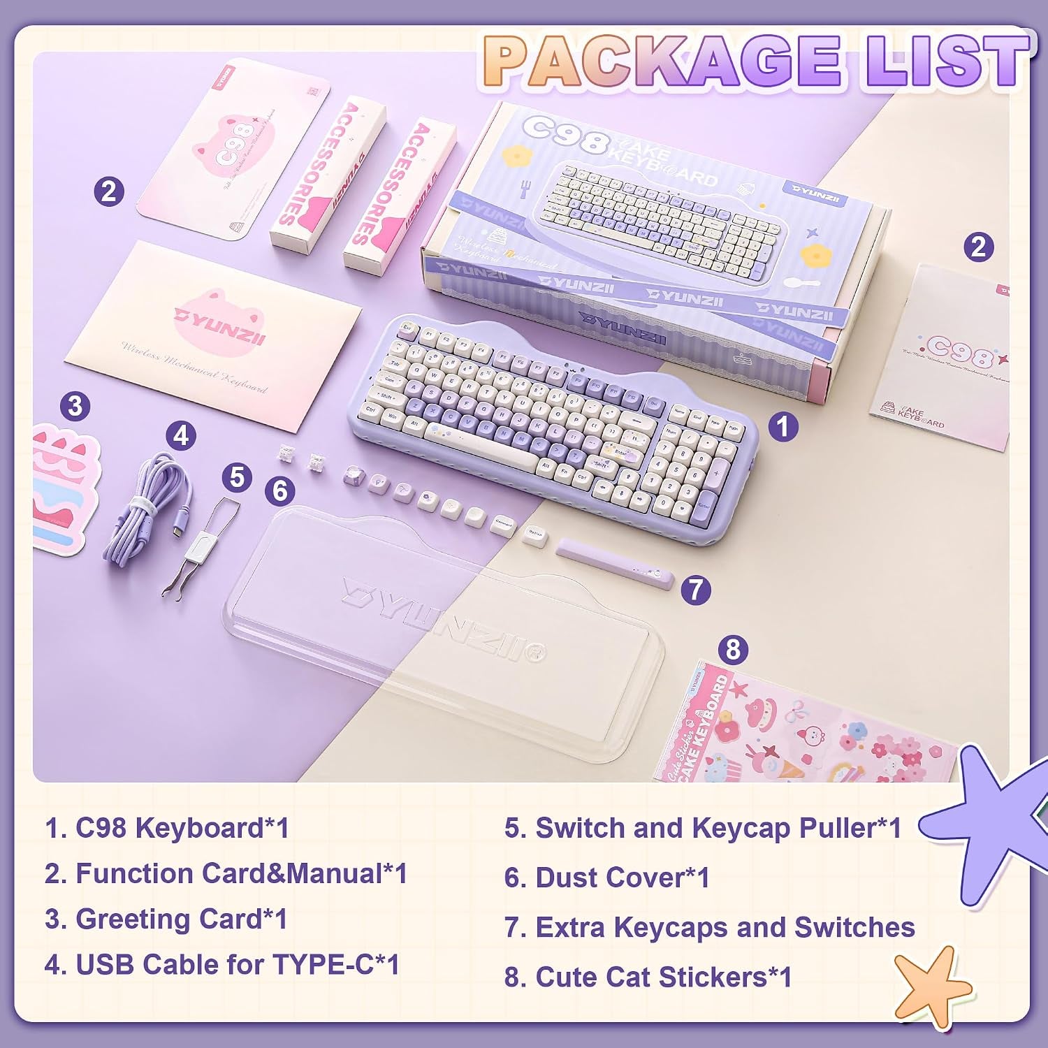 C98 Wireless Mechanical Keyboard with Number Pad,99 Key BT5.0/2.4G/USB-C Hot Swap Gasket Mount with PBT MOA Keycaps,Custom Rgb,Cute Cake Keyboard for Win/Mac (Purple, Milk V2 Linear Switch)