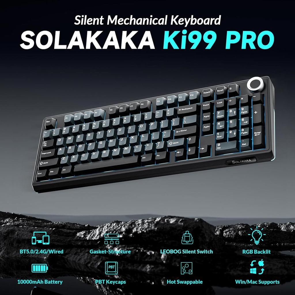 KI99 Pro Wireless Mechanical Keyboard with Quiet Switch, Hot Swappable Pre-Lubed Switches with RGB Backlit, Gasket Structure Computer Gaming Keyboard (Blackblue, Silent Switch)