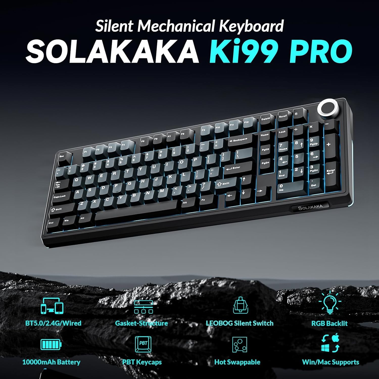 KI99 Pro Wireless Mechanical Keyboard with Quiet Switch, Hot Swappable Pre-Lubed Switches with RGB Backlit, Gasket Structure Computer Gaming Keyboard (Blackblue, Silent Switch)