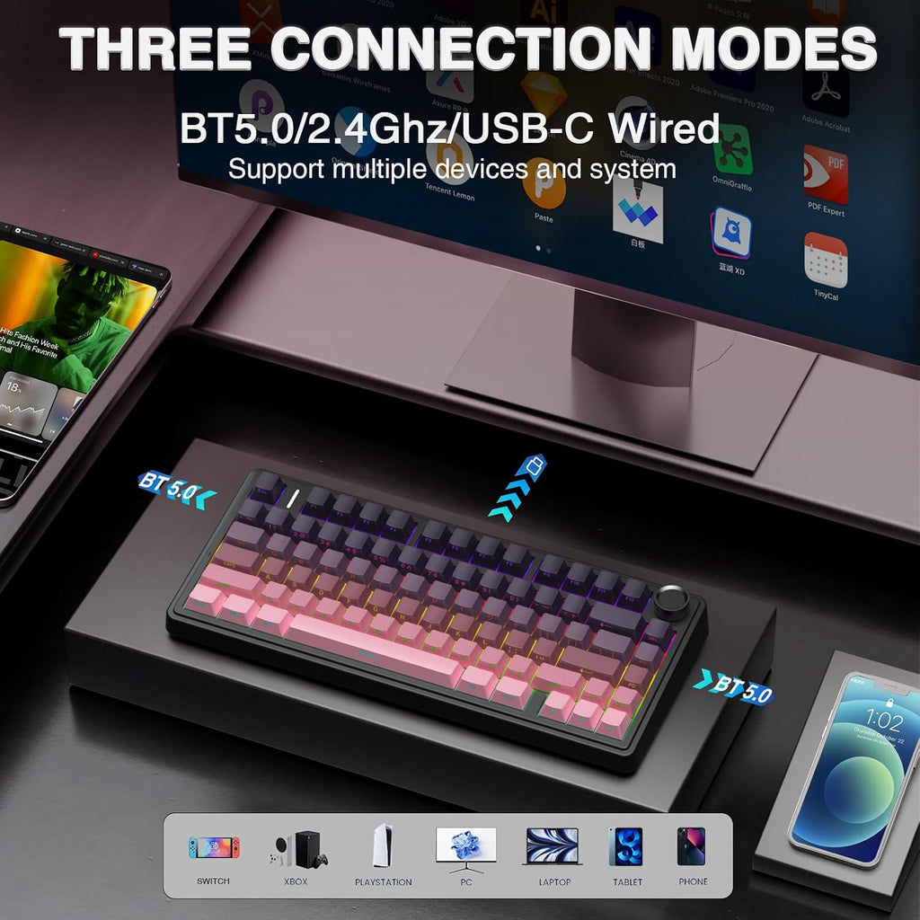 F75 Pro Wireless Mechanical Keyboard,75% Hot Swappable Custom Keyboard,Rgb Backlit,Pre-Lubed Reaper Switches,Side Printed PBT Keycaps Mechanical Gaming Keyboards, Pink&Black