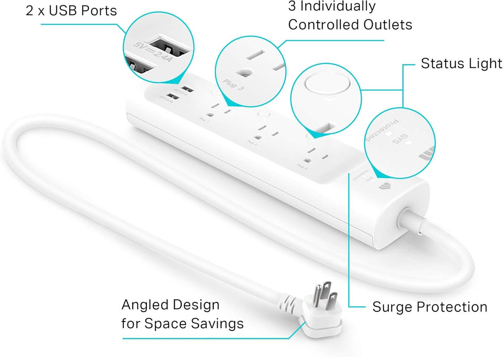 Kasa Smart Plug Power Strip KP303, Surge Protector with 3 Individually Controlled Smart Outlets and 2 USB Ports, Works with Alexa & Google Home, No Hub Required , White | Surge Protector with 3 Individually Controlled Smart Outlets and 2 USB Ports, Works with Alexa & Google Home
