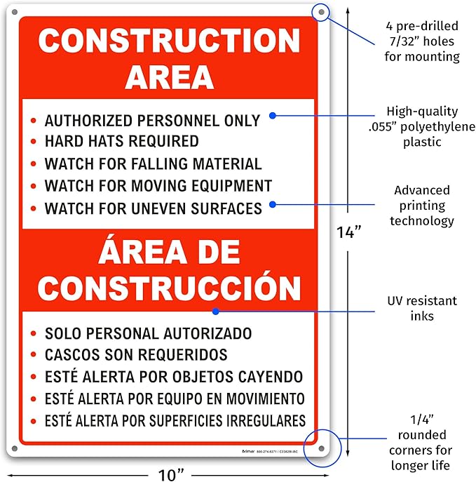 Brimar - 10" x 14" - Bilingual Construction Area Rules Sign - .055″ - Image 2