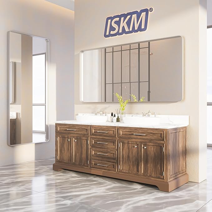 ISKM Silver Metal Framed Bathroom Mirror, 40 x 32 Inch Brushed Silver Vanity - Image 7