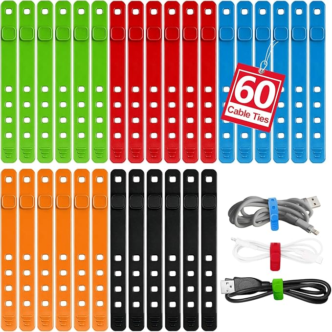 AROIC 60Pcs Silicone Cable Ties, 5-Colors Reusable Cord Organizer by AROIC