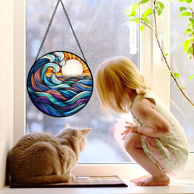 DASTOLL Stained Glass Window Hanging, Big Wave Sun Suncatcher Diamond Glass - Image 2
