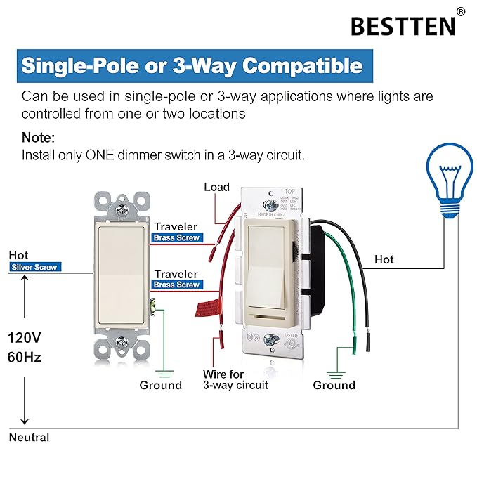 BESTTEN 10 Pack Almond Dimmer Light Switch, 3 Way or Single Pole Dimmer Switches - Image 5