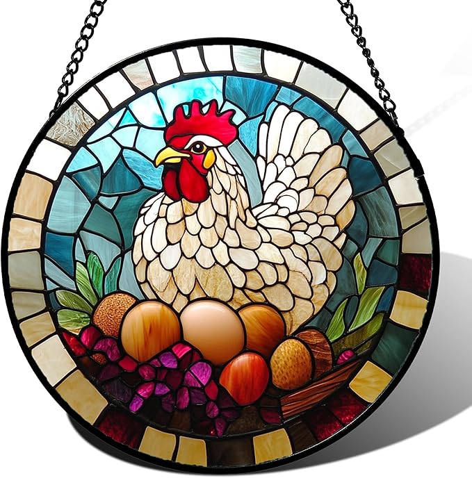 DASTOLL Stained Glass Window Hanging White Chicken Hatching Eggs Large 11.8" by DASTOLL