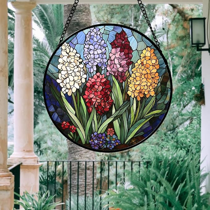 DASTOLL Stained Glass Window Hanging, Colorful Hyacinth Flowers Suncatcher - Image 2