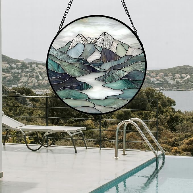 AMDERVEN Stained Glass Window Hanging 4 Pcs Set Mountain River Landscape Large - Image 5