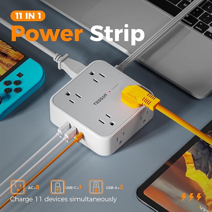 TESSAN Surge Protector Power Strip Flat Plug, Long Extension Cord 10 FT - Image 3