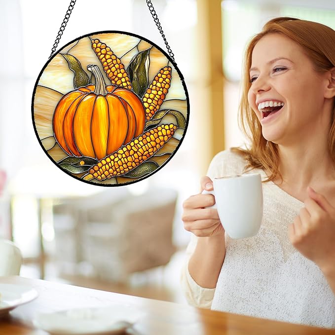 DASTOLL Stained Glass Window Hanging Autumn Harvest Pumpkin Corn 7.8" - Image 4