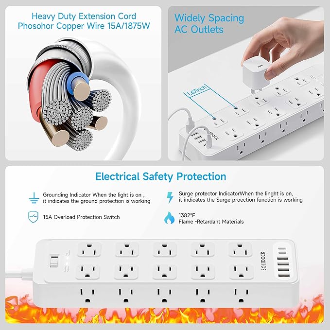 Solidock Power Strip Surge Protector Flat Plug - Image 6