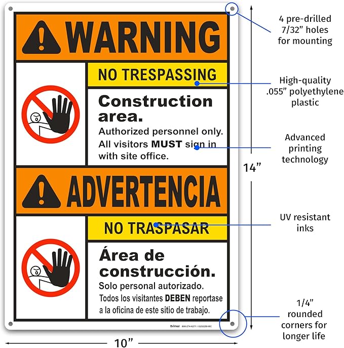 Brimar - 10" x 14" - Bilingual Warning Construction Area No Trespassing Sign - - Image 2
