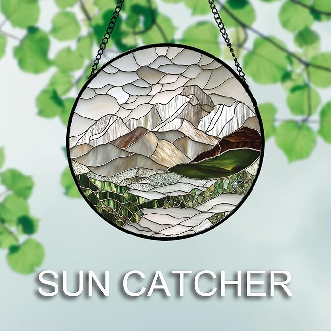 AMDERVEN Stained Glass Window Hanging 4 Pcs Set Mountain River Landscape 6.3" - Image 3