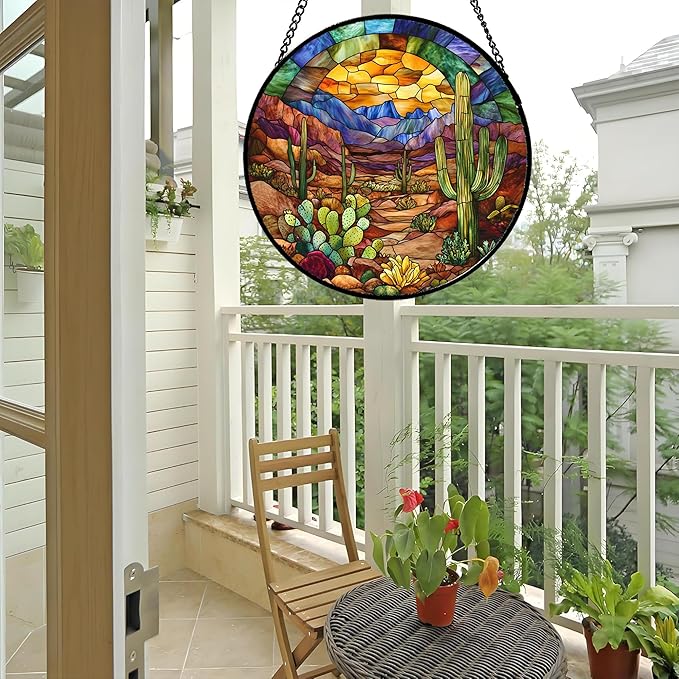 CRISGIF Stained Glass Window Hanging Cactus Mountains Landscape 9.8" - Image 5