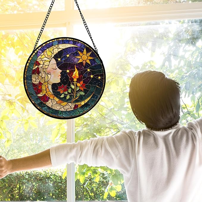 DASTOLL Stained Glass Window Hanging, Moon Goddess Torch Suncatcher Diamond - Image 3