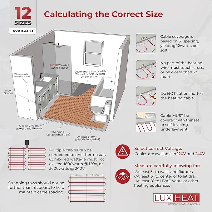 LuxHeat 120sqft Floor Heating Cable Kit - 240v Electric Heated Floor System - - Image 6