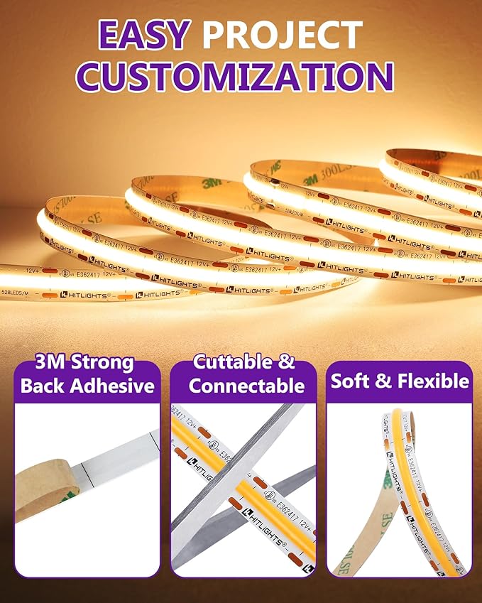 HitLights COB LED Strip Lights Warm White, 12V Tape Light 2700K 16.4ft - Image 5