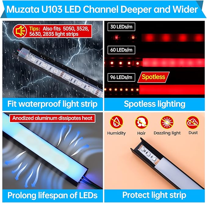 Muzata 20Pack 3.3FT/1M Plus-Size Spotless LED Channel Black LED Strip Diffuser - Image 4