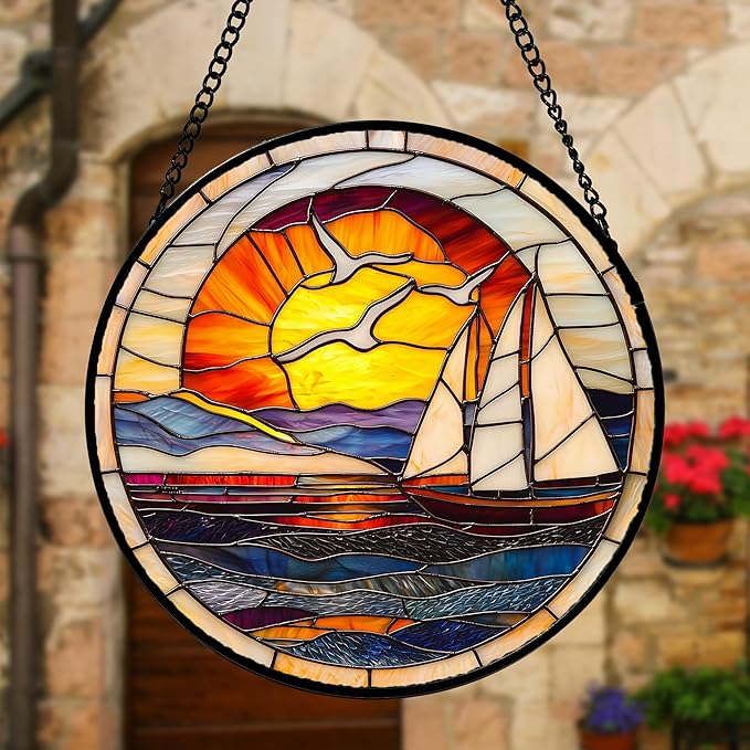 DASTOLL Stained Glass Window Hanging, Sun Ocean Sailboat Seagull Abstract - Image 4