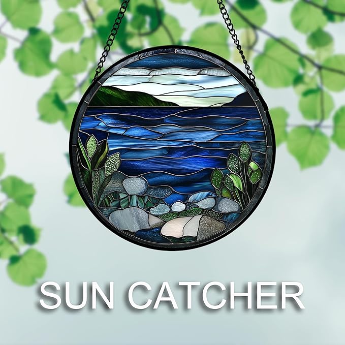 AMDERVEN Stained Glass Window Hanging 4 Pcs Set Navy Blue Ocean Landscape Large - Image 3