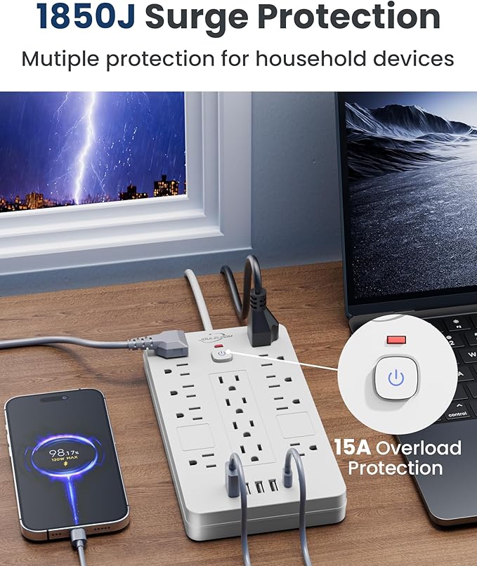JouleLoom Surge Protector Power Strip-14 Outlets and 6 USB Ports, 6 Feet Flat - Image 6