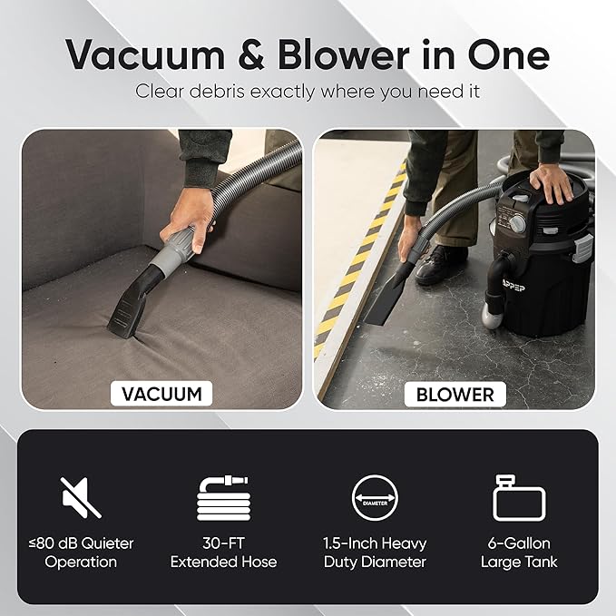 Dapper Supply 6 Gallon Wall Mount Wet/Dry Vacuum, 5.5 Peak HP, 30 Ft Hose - Image 4