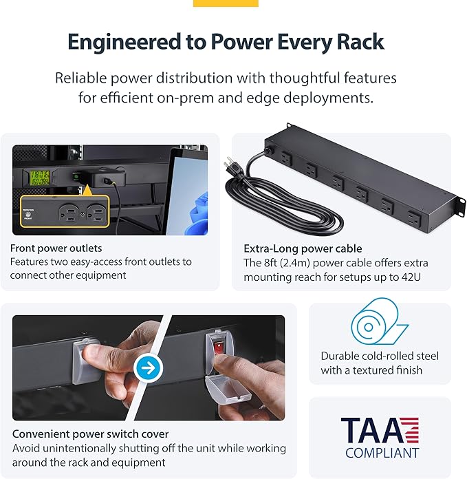 StarTech.com 8-Outlet Horizontal Rack Mount Metered PDU, 1U Server Power Strip - Image 5