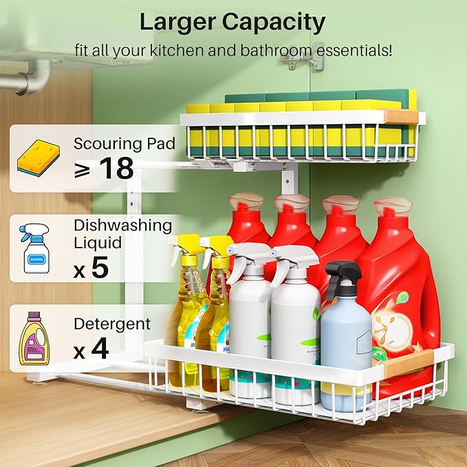Kitstorack Under Sink Organizer, 2 Packs 2 Tier Under Sink Organizers and - Image 3