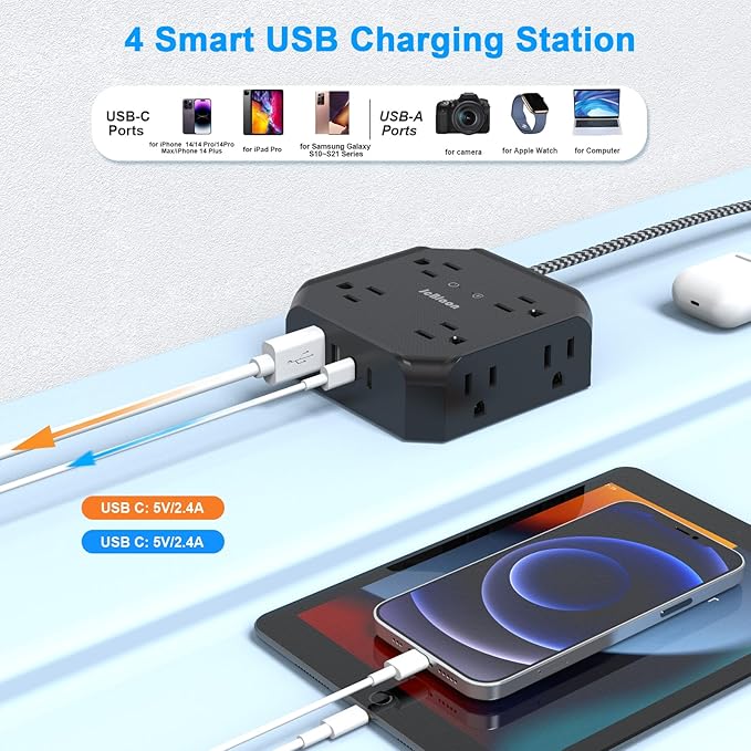 10FT Surge Protector Power Strip, Braided Extension Cord, 8 Outlets 4 USB Ports - Image 2
