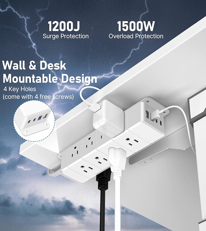30W USB C Power Strip Surge Protector, Ultra Thin Flat Plug Power Strip 4 Side - Image 6