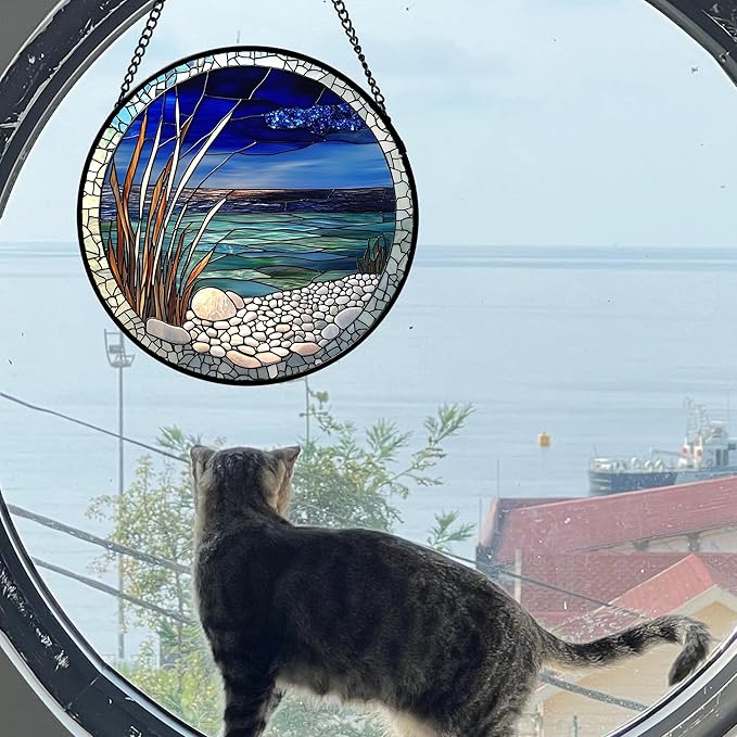 AMDERVEN Stained Glass Window Hanging 4 Pcs Set Navy Blue Ocean Landscape 6.3" - Image 4