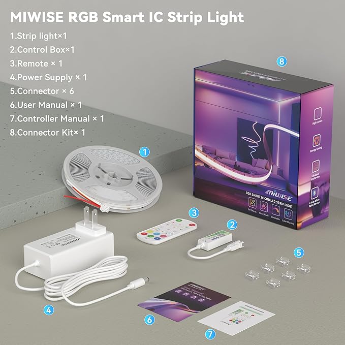 MIWISE LED Strip Lights, RGB Smart IC COB LED Strip Light Color Chasing - Image 8