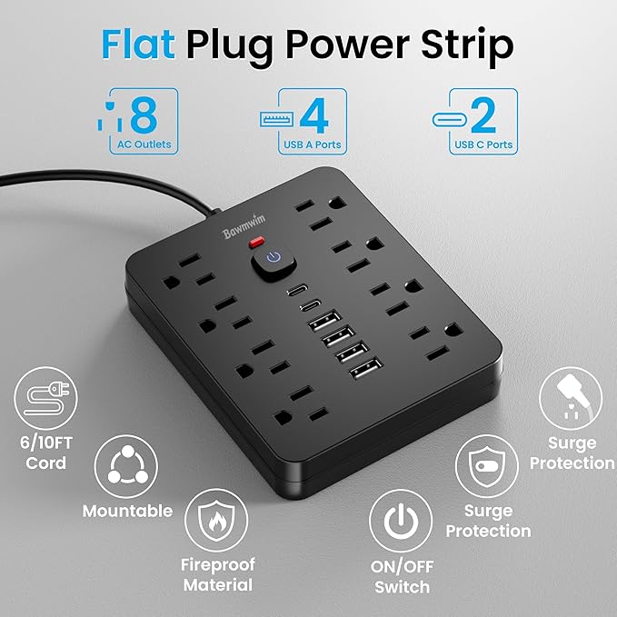 Bawmwim Surge Protector Power Strip, 8 Outlets, 6 USB Charging Ports, 10FT Flat - Image 3