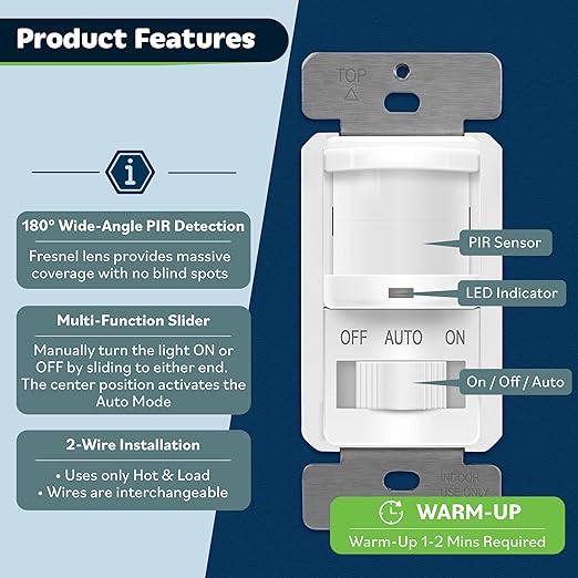 TOPGREENER Occupancy/Vacancy PIR Motion Sensor Light Switch, CDS Sensor - Image 2