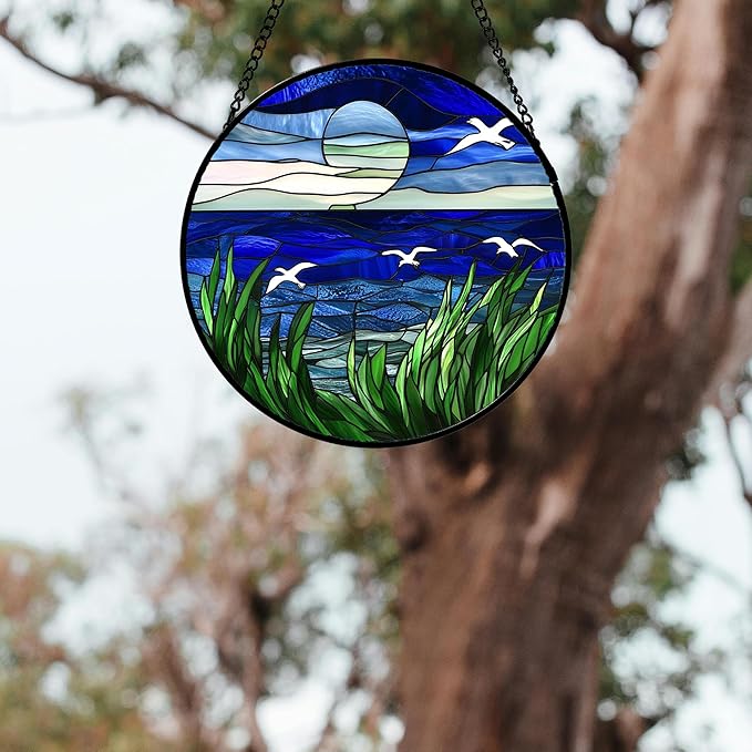 AMDERVEN Stained Glass Window Hanging 4 Pcs Set Navy Blue Ocean Landscape 7.8" - Image 5