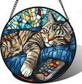 DASTOLL Stained Glass Window Hanging Gray Cat and Remote Control Large 11.8" by DASTOLL