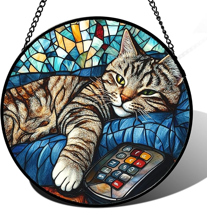 DASTOLL Stained Glass Window Hanging Gray Cat and Remote Control Large 15" by DASTOLL