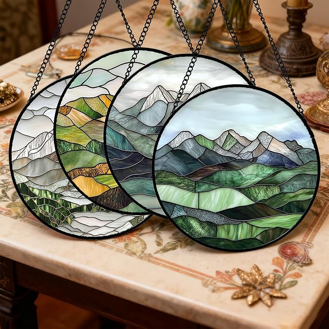 AMDERVEN Stained Glass Window Hanging 4 Pcs Set Mountain River Landscape 6.3" - Image 2