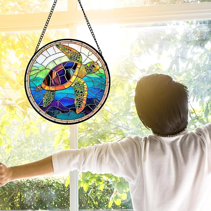 DASTOLL Stained Glass Window Hanging, Colored Turtle Ocean Suncatcher Diamond - Image 4