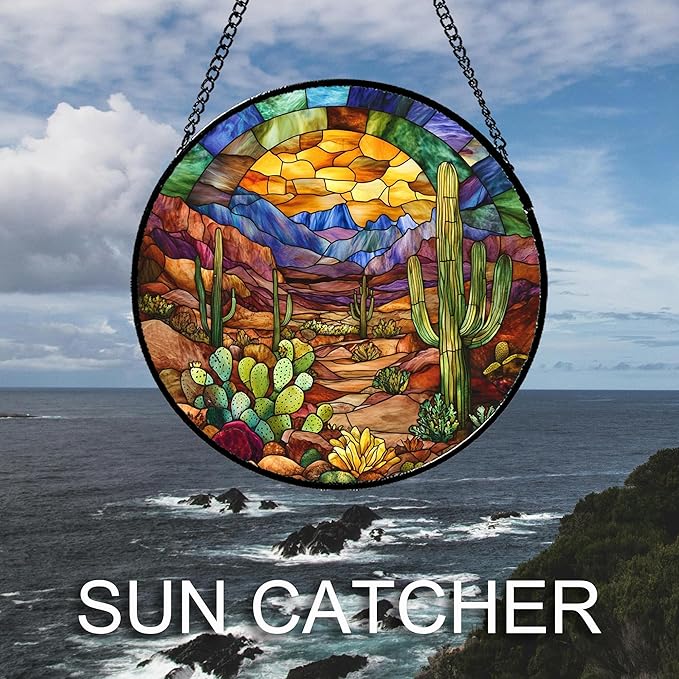 CRISGIF Stained Glass Window Hanging Cactus Mountains Landscape Large 15" - Image 6