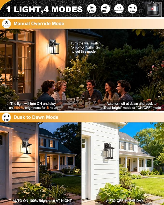 LTBLIGHT 2-Pack Motion Sensor Outdoor Lights, Modern Black Dusk to Dawn Porch - Image 3