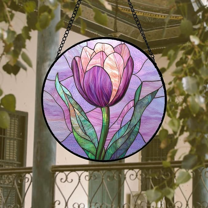DASTOLL Stained Glass Window Hanging 4 Pcs Set Purple Flower Theme 7.8" - Image 3