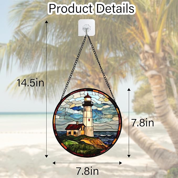 DASTOLL Stained Glass Window Hanging, Ocean Lighthouse Sun Catchers Glass Panel - Image 6