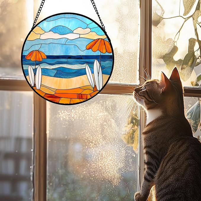 AMDERVEN Stained Glass Window Hanging 4 Pcs Set Blue Ocean Surfing Beach 7.8" - Image 4