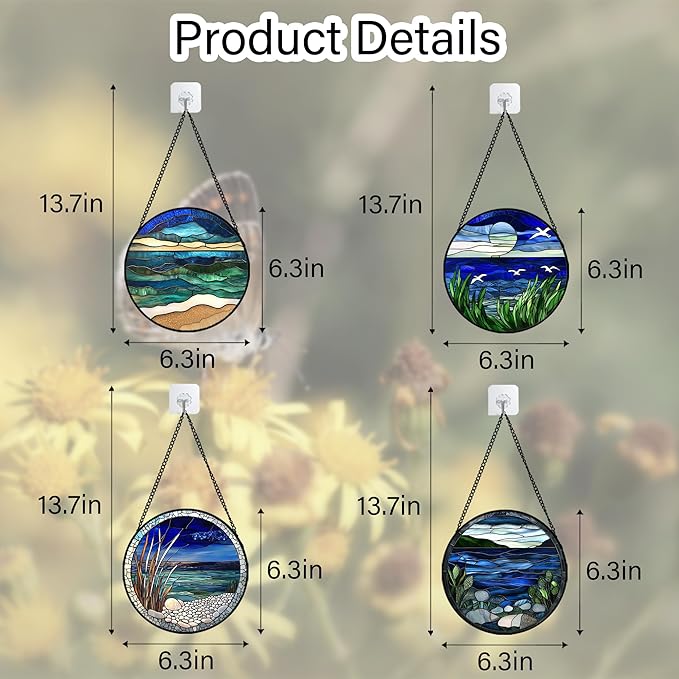 AMDERVEN Stained Glass Window Hanging 4 Pcs Set Navy Blue Ocean Landscape 6.3" - Image 6