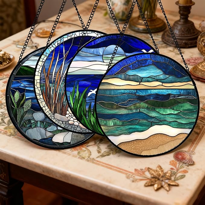AMDERVEN Stained Glass Window Hanging 4 Pcs Set Navy Blue Ocean Landscape 9.8" - Image 2
