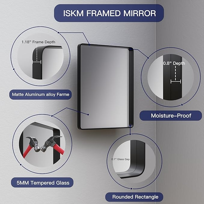 ISKM Large Black Framed Mirror for Bathroom 60" x 36" Wall Mounted Mirror Black - Image 3