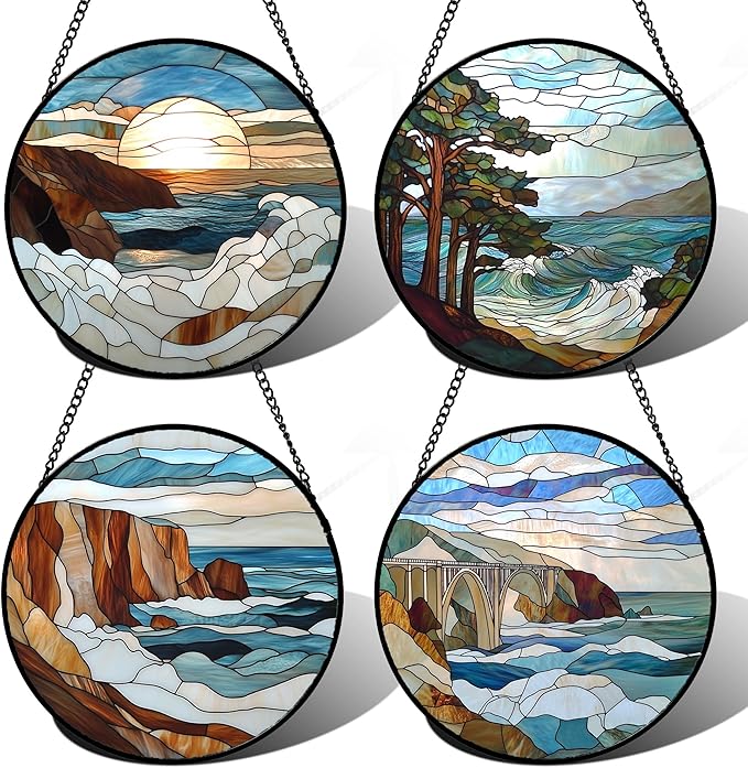 DASTOLL Stained Glass Window Hanging 4 Pcs Set Ocean Waves 7.8" by DASTOLL